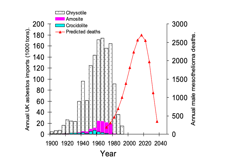 Graph showing how the incidence of mesothelioma has tracked the quantity of asbestos imported into the UK, with a time lag of several decades